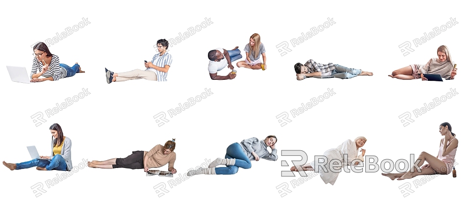 2d lying flat, lying down, lying down, sitting down, reading, lying down, reading and studying model