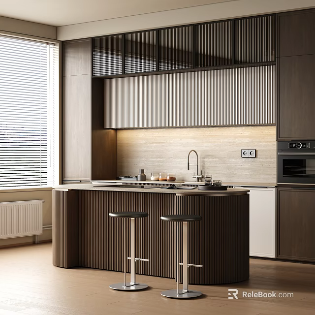 Modern Kitchen Featuring Wooden Cabinets Vertical Striped Backsplash And Island Sink 3d model 