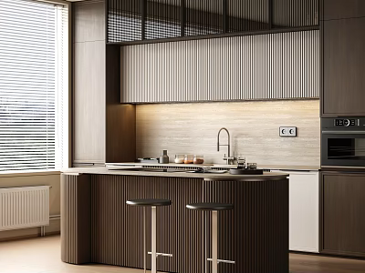Modern Kitchen Featuring Wooden Cabinets Vertical Striped Backsplash And Island Sink 3d model
