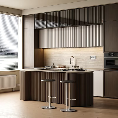 Modern Kitchen Featuring Wooden Cabinets Vertical Striped Backsplash And Island Sink 3d model