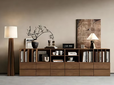 Modern Wooden Bookcase With Books Decorative Items Table Lamp Vase And Wall Art 3d model
