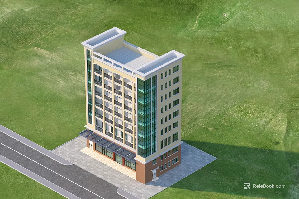 Modern Residential Building With Glass Curtain Walls Ground Floor Entrance And Green Lawn Surroundings 3d model 