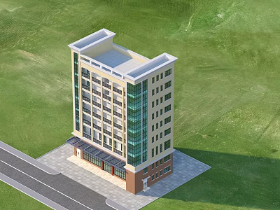 Modern Residential Building With Glass Curtain Walls Ground Floor Entrance And Green Lawn Surroundings 3d model
