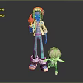 Tall Character Holding Yellow Creature And Short Pink Haired Figure In Green Outfits