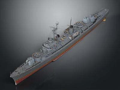 Gray Warship Model With Deck Turret Antenna Red Bottom Side View Dark Background 3d model