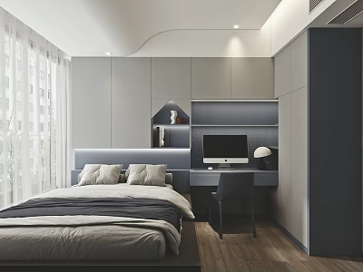 Modern Tatami Bedroom Interior Design With Tatami Bed Desk And Wardrobe 3d model