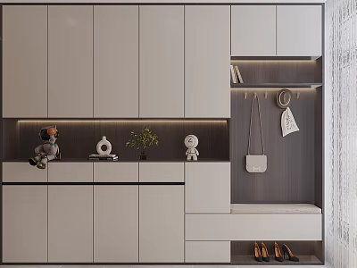 Modern Shoe Cabinet Combination Design With Hangers Storage Space And Decorative Items 3d model