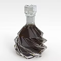 Tech Exhibition Hall Showcases Transparent Irregular Glass Bottle With Dark Liquid Geometric Design Square Cap