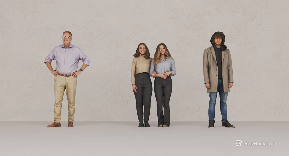 Group of four people standing together against grey background in casual clothing 3d model 