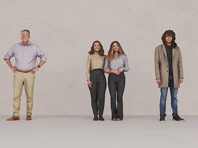 Group of four people standing together against grey background in casual clothing 3d model