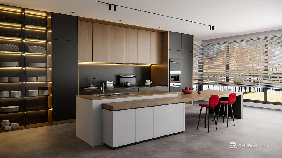 Modern Kitchen Interior Design With Island Countertop Cabinets And Red Chairs 3d model 