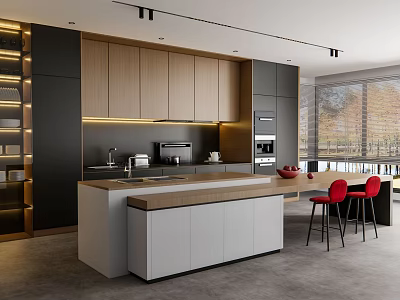 Modern Kitchen Interior Design With Island Countertop Cabinets And Red Chairs 3d model