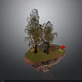 Orange Yellow Leaf Trees with Red Trunks on Floating Green Grass Island and Red Flowers