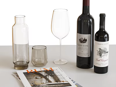 Two Wine Bottles with Tall Wine Glass and Short Glass on Table with Magazine 3d model