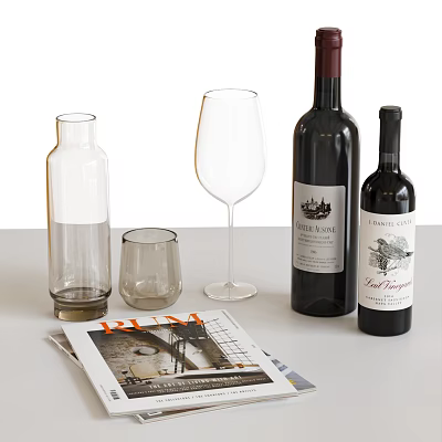 Two Wine Bottles with Tall Wine Glass and Short Glass on Table with Magazine 3d model