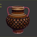Ancient Greek Vase With Double Handles Orange Black Geometric Patterns And Gold Trim