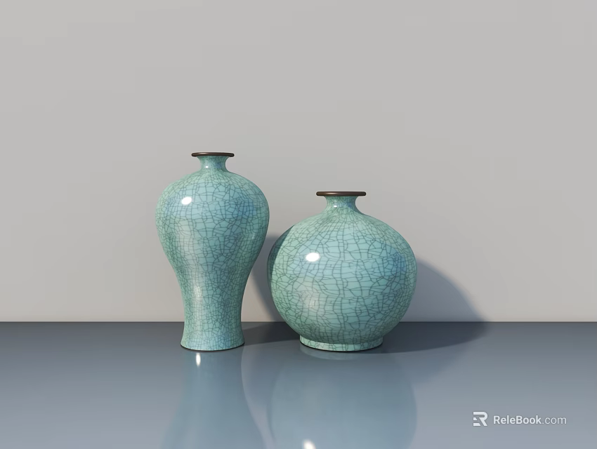 Two Turquoise Ceramic Vases With Crackle Texture On Gray Tabletop Against Light Gray Wall 3d model 