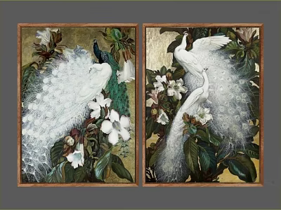 Pair of White Peacock Paintings with Green Leaves White Flowers and Wooden Frames 3d model