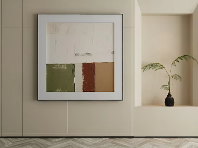 Framed Abstract Painting In Neutral Tones On Cream Wall With Potted Plant And Herringbone Floor 3d model