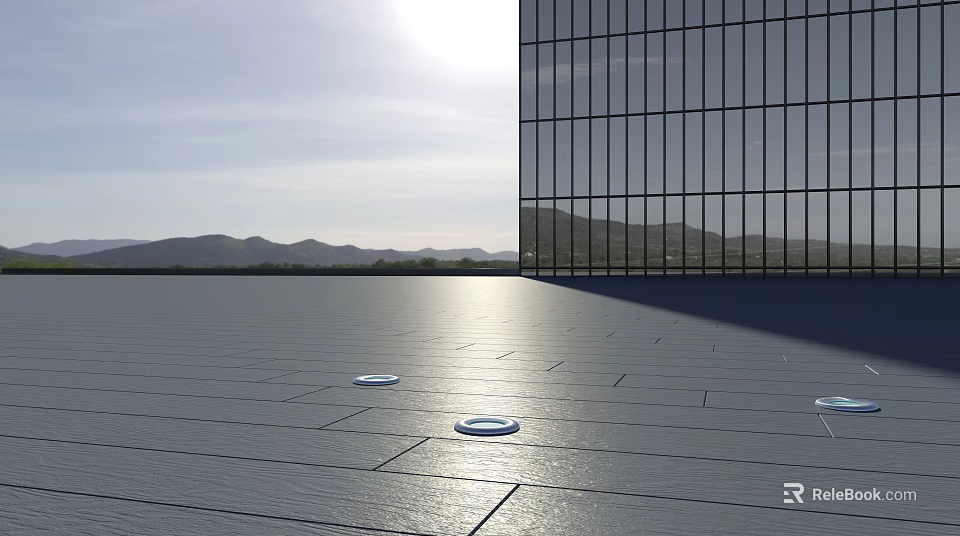 Modern Glass Curtain Wall Building Over Open Plaza Ground With Mountains And Sunlight 3d model 
