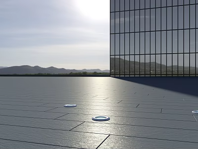 Modern Glass Curtain Wall Building Over Open Plaza Ground With Mountains And Sunlight 3d model