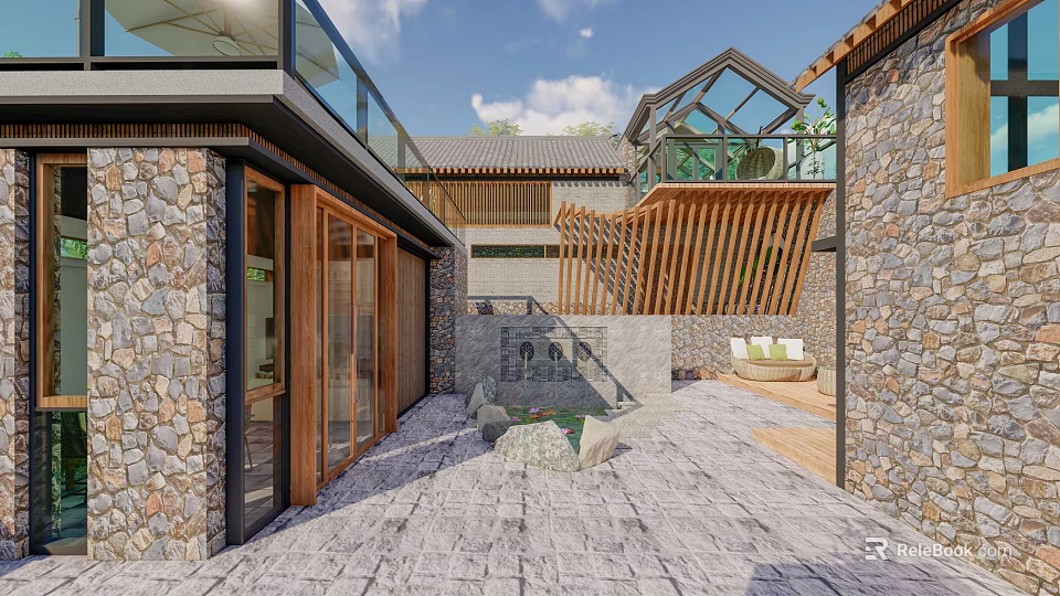 Traditional Modern Homestay Building With Stone Walls Wooden Structure Courtyard And Glass Skylight Design 3d model 
