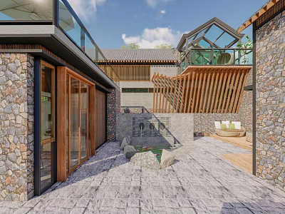 Traditional Modern Homestay Building With Stone Walls Wooden Structure Courtyard And Glass Skylight Design 3d model