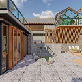 Traditional Modern Homestay Building With Stone Walls Wooden Structure Courtyard And Glass Skylight Design