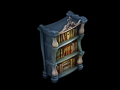 Cartoon Style Ornate Bookshelf With Multiple Layers And Colorful Vintage Books 3d model