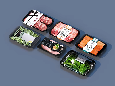 Packaged Fresh Food Including Meat Vegetables And Salmon In Black Trays With Labels 3d model