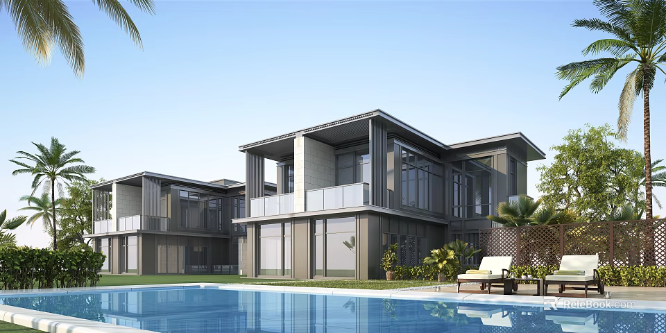 Modern Single Family Villa With Large Windows Swimming Pool Balcony Greenery And Loungers 3d model 