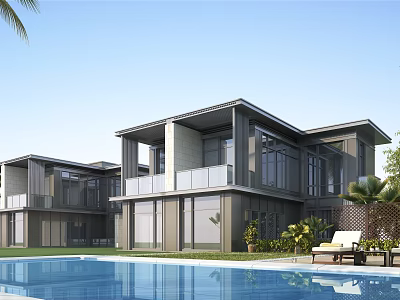 Modern Single Family Villa With Large Windows Swimming Pool Balcony Greenery And Loungers 3d model