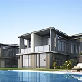 Modern Single Family Villa With Large Windows Swimming Pool Balcony Greenery And Loungers