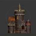 Cartoon Castle Scene with Stone Towers Red Spires Red Roofs Stone Stairs and Wooden Table