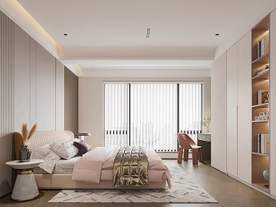 Kids Room Interior Design With Soft Tones Bed Nightstand Window Blinds Chair Bookshelf And Rug 3d model