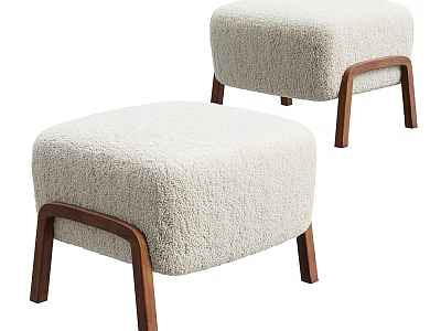 Cream Plush Fabric Sofa Stools With Wooden Legs Modern Living Room Design 3d model
