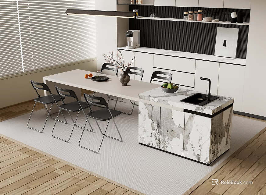 Modern Open Kitchen Bar Counter With Marble Top Dining Table And Chairs 3d model 