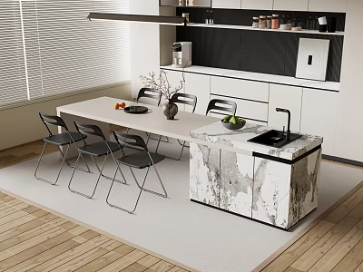 Modern Open Kitchen Bar Counter With Marble Top Dining Table And Chairs 3d model