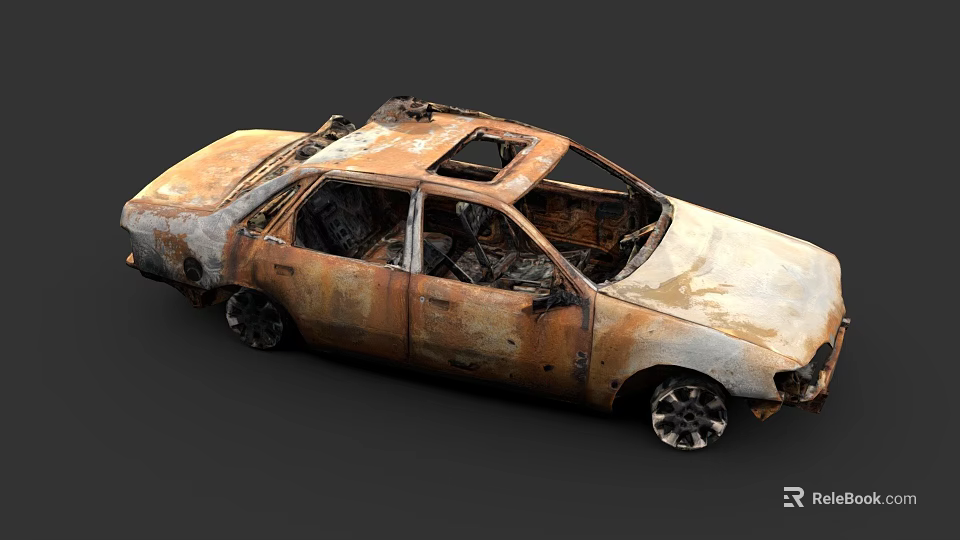 Burned Rusted Car With Damaged Body Broken Windows And Charred Remains 3d model 