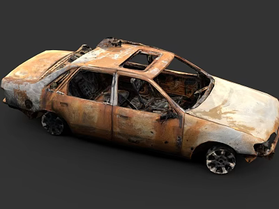 Burned Rusted Car With Damaged Body Broken Windows And Charred Remains 3d model