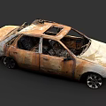 Burned Rusted Car With Damaged Body Broken Windows And Charred Remains