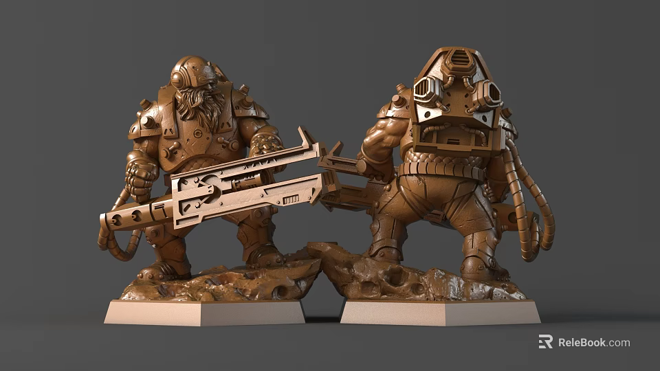 Two Detailed Armored Sci Fi Warrior Sculptures With Weapons On Stone Pedestals 3d model 