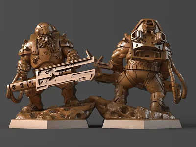 Two Detailed Armored Sci Fi Warrior Sculptures With Weapons On Stone Pedestals 3d model