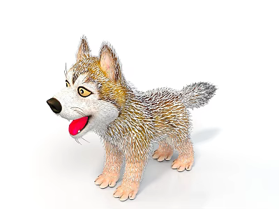 Fluffy Husky Puppy With Brown White Fur Yellow Eyes Open Mouth Tongue Out White Background 3d model