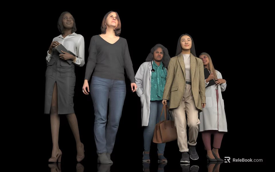 Group of Different Women in Dresses Jeans Blazers and Coats Standing Against Black Background 3d model 