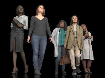 Group of Different Women in Dresses Jeans Blazers and Coats Standing Against Black Background 3d model