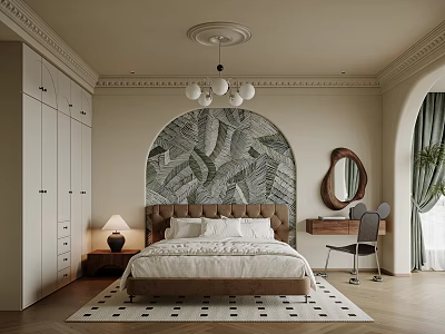 Modern Bedroom Interior Design With Arched Leaf Pattern Wallpaper Upholstered Headboard Pendant Lights And Wardrobe 3d model