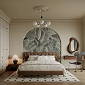 Modern Bedroom Interior Design With Arched Leaf Pattern Wallpaper Upholstered Headboard Pendant Lights And Wardrobe