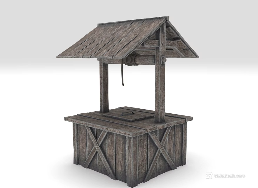 Rustic Wooden Garden Well Decor With Sloped Roof Crossed Planks And Rope Bucket 3d model 