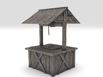 Rustic Wooden Garden Well Decor With Sloped Roof Crossed Planks And Rope Bucket 3d model